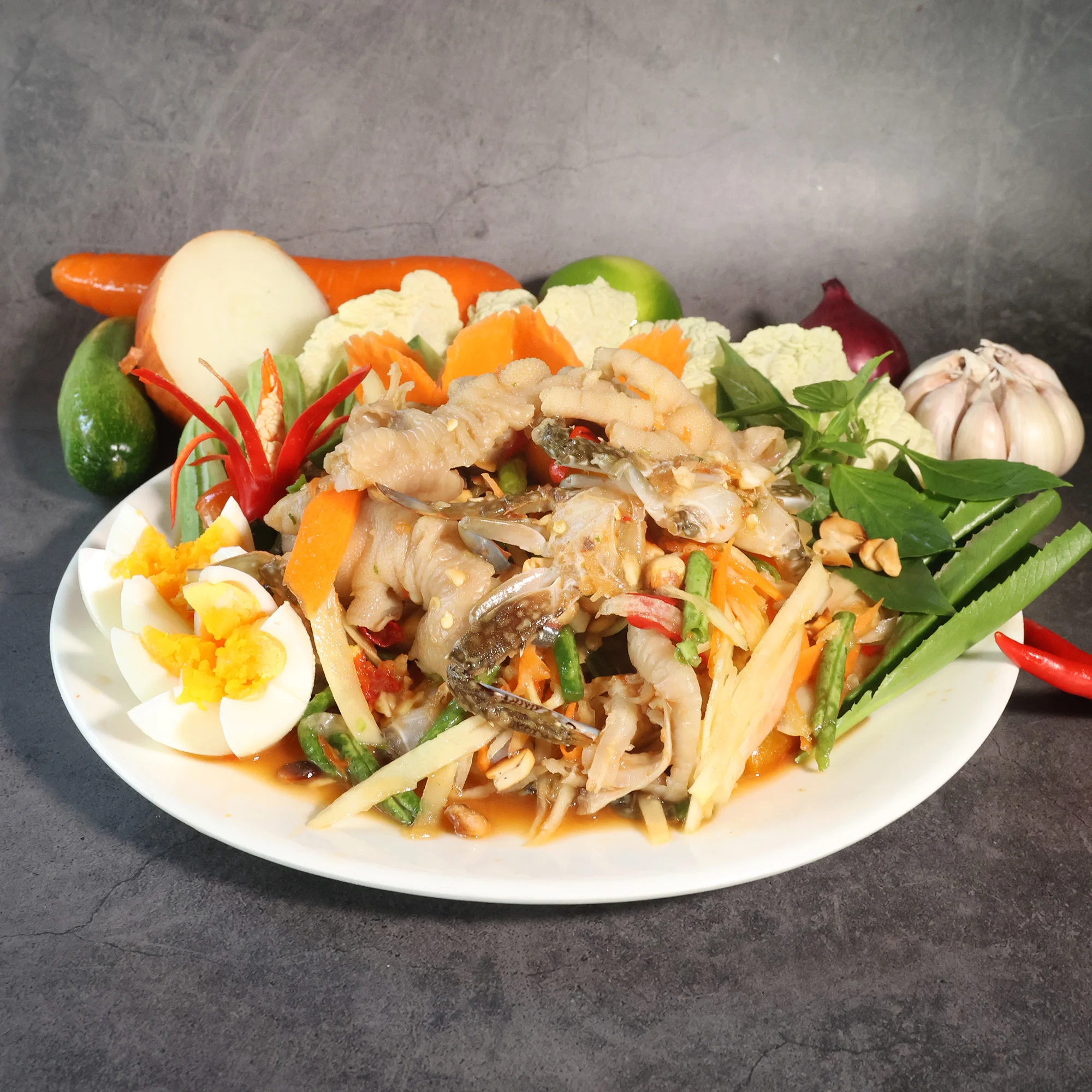 Papaya salad chicken legs & blue crab