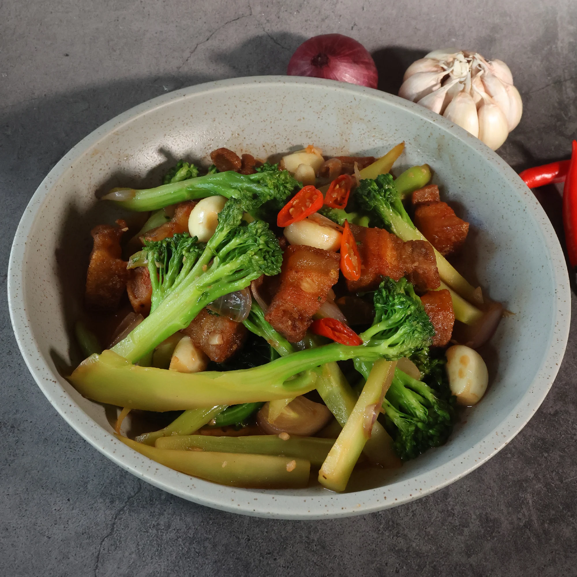 Stir-fried pork with Chinese kale